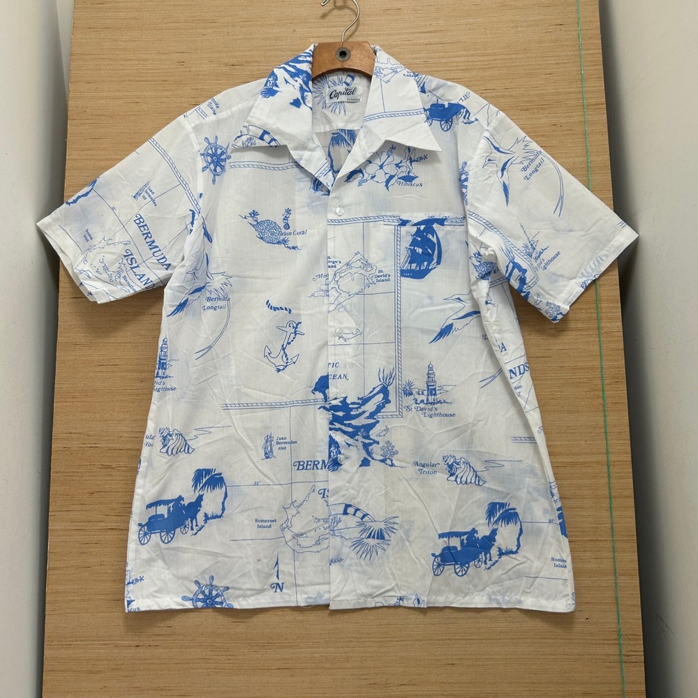 Capital Bermuda Vintage Nautical Map Print Button Down Shirt White Blue Mens L